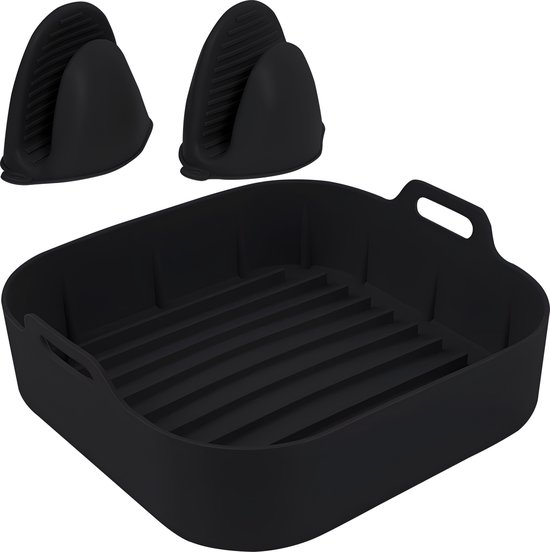 Zwarte siliconen airfryer bakvorm met ribbels en handvatten, inclusief twee zwarte siliconen ovenwanten.