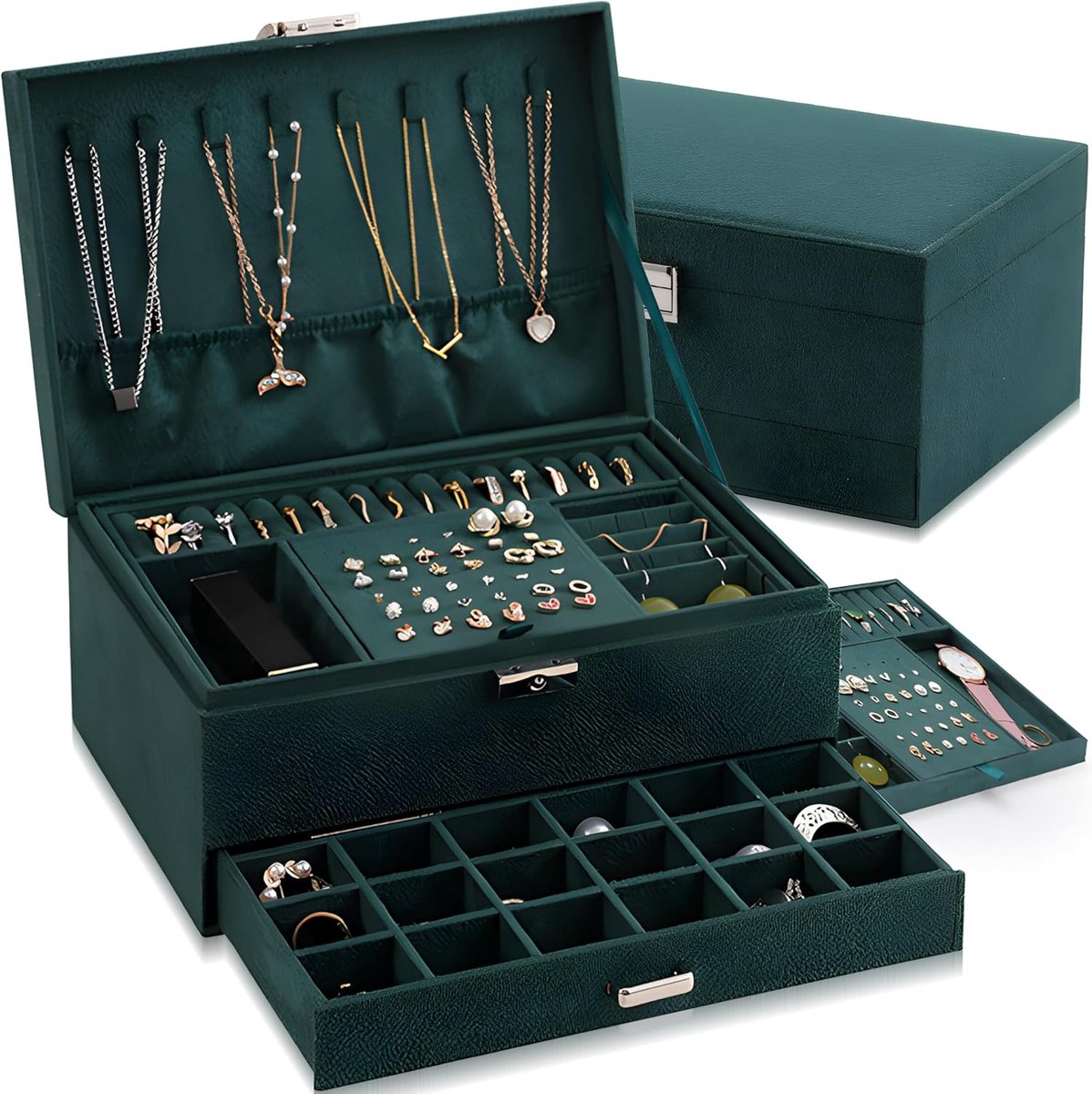SnelShoppen - Luxe Velvet Sieradenbox met 2 Niveaus, Opbergdoos voor Ringen, Oorbellen en Kettingen, Elegante Sieradenschatulle voor Vrouwen, Perfecte