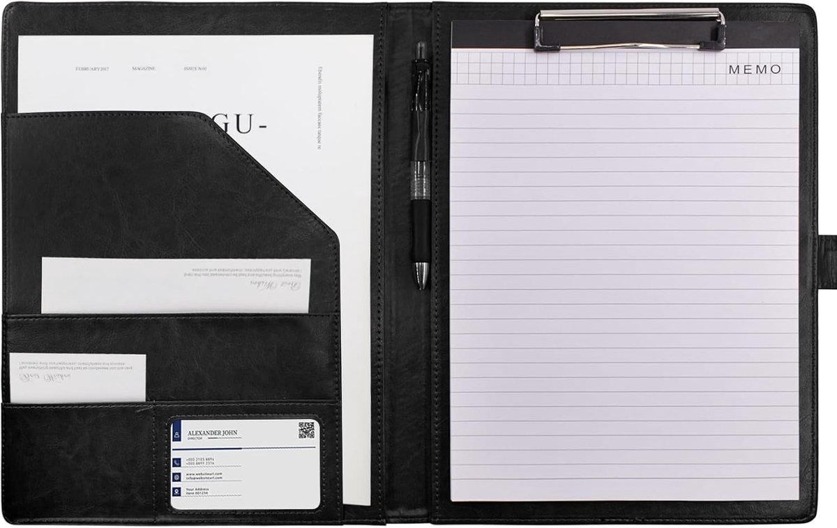 SnelShoppen - Padfolio Clipboard Folder Leer Portfolio Organizer Interview CV Map A4 Notepad met Visitekaart Houder Zwart
