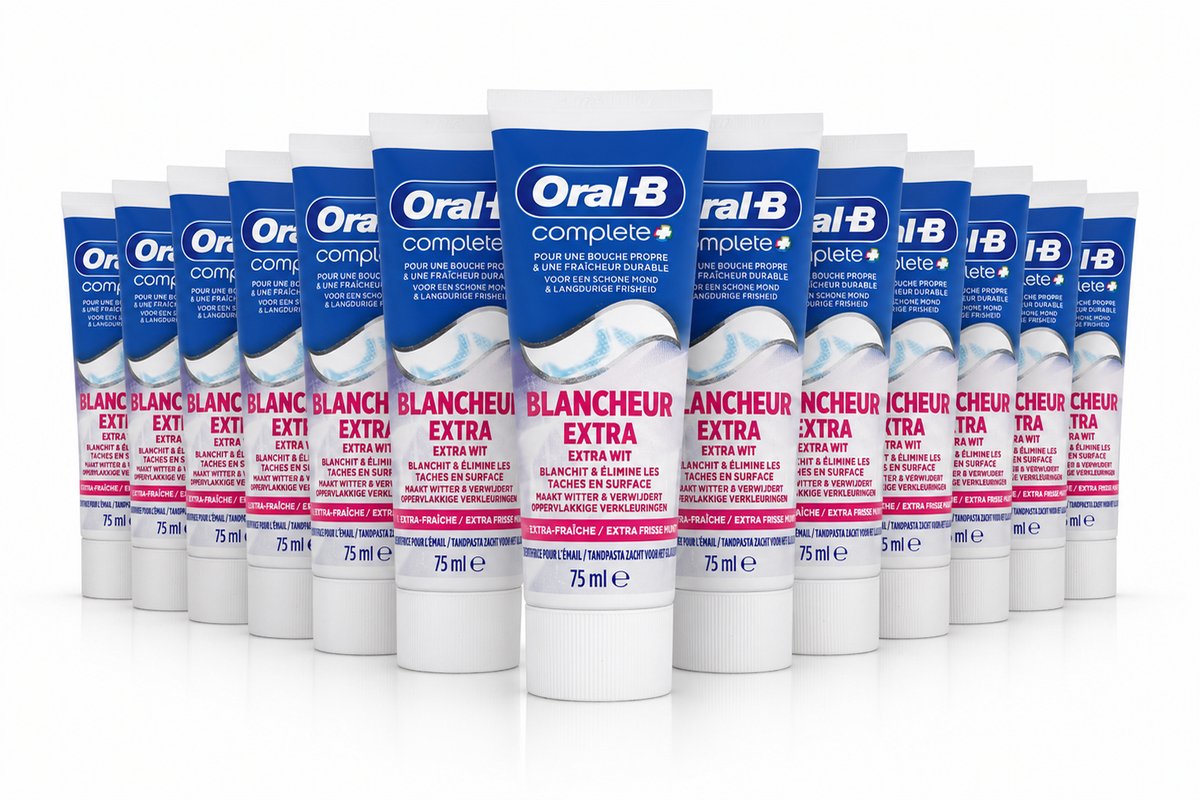 Oral-B Complete Extra Wit Tandpasta – 12 x 75 ml – Extra Frisse Munt – Fluoride Tandpasta – Voordeelverpakking