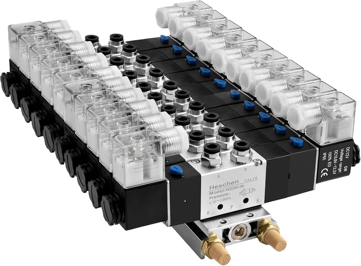 SnelShoppen - Elektrisch Pneumatische 10 Solenoïde Ventiel 4V230C-08, 12VDC, PT1/4, 5 Weg 3 Positie, Manifold Basis, Snelle Aansluitset, CE