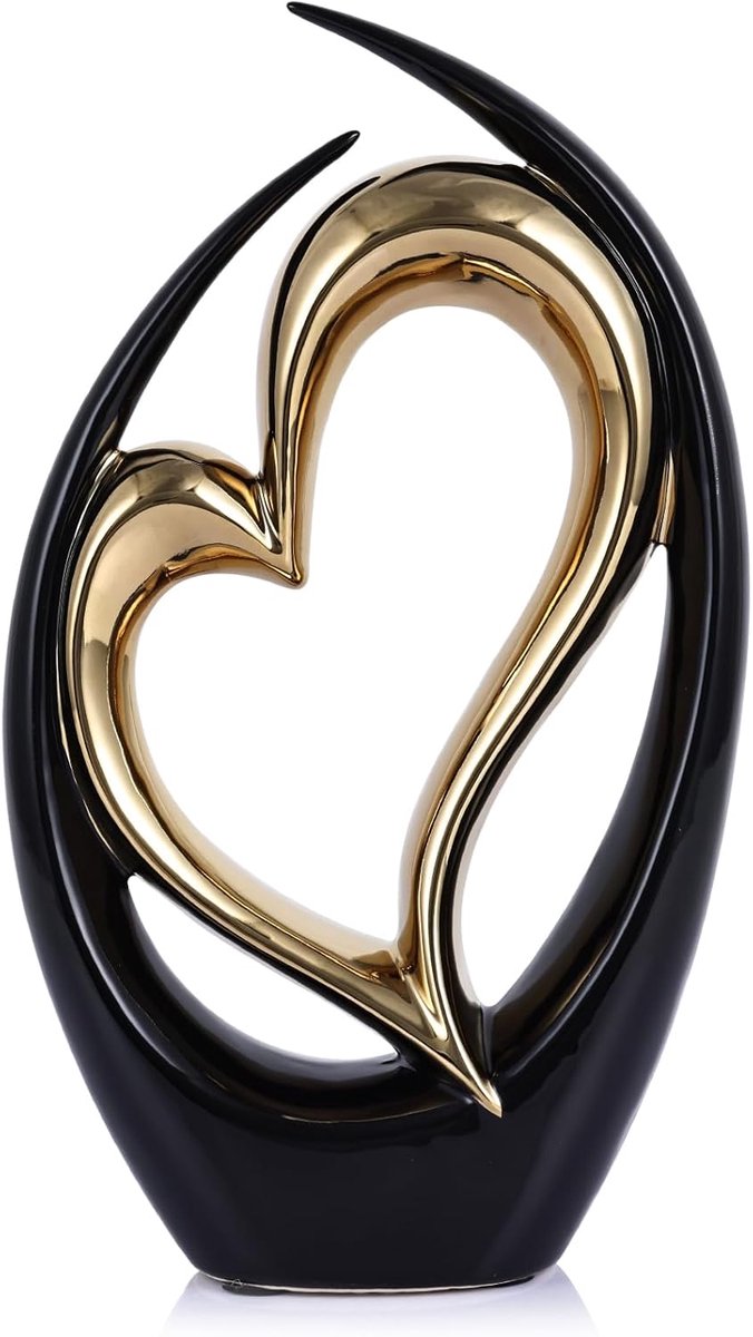 SnelShoppen - Keramisch Hart Decoratie Beeldje, Zwart Gouden Dubbele Hart Sculpturen voor Thuis Tafel Centerpiece Decor, Valentijn, Bruiloft, Decorati