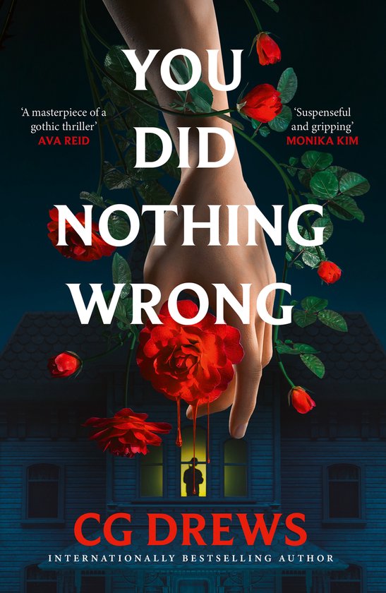 Livre "YOU DID NOTHING WRONG" avec une main au-dessus d'une maison et des roses rouges.