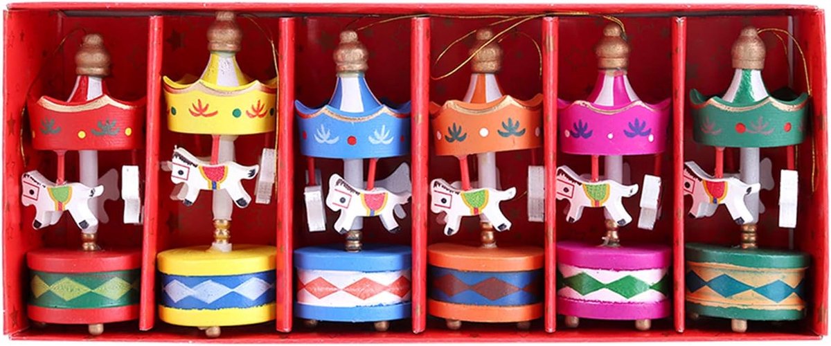 SnelShoppen - 6Pcs/Set Houten Muziekdoos Vintage Carrousel Paard Mini Pendant Kerstboom Verjaardag Merry-Go-Round Paard Decoratie Voor Kinderen