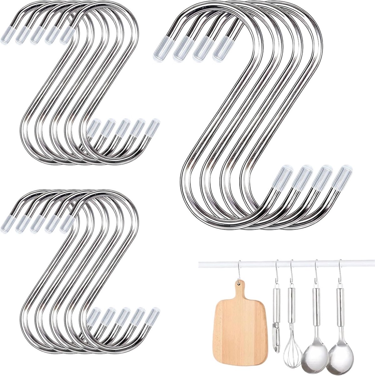 SnelShoppen - Set van 14 RVS S-haakjes voor Keuken, Gordijnen en Decoratie - Inclusief 1 Kleine en 4 Grote Zelfklevende Kledinghaken - Robuuste en Vee