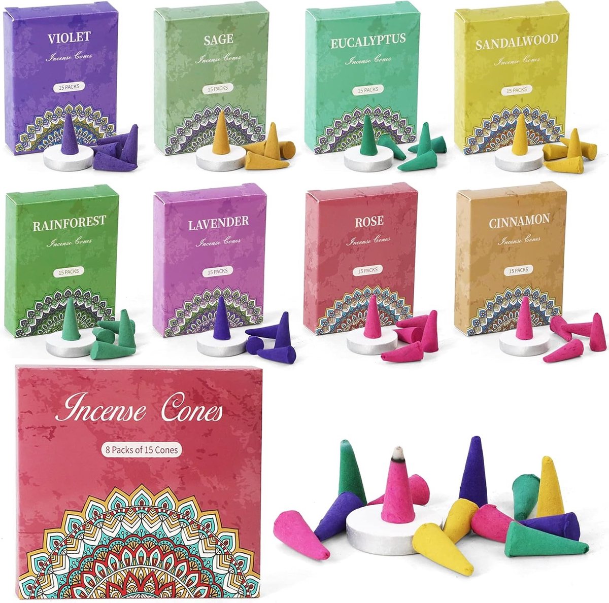 120 Stuks Rook Cones met 8 Geuren - Natuurlijke Wierook voor Meditatie, Yoga en Ontspanning | Inclusief Houder, Cadeauset met Roos, Salie, Lavendel, Kaneel en Eucalyptus