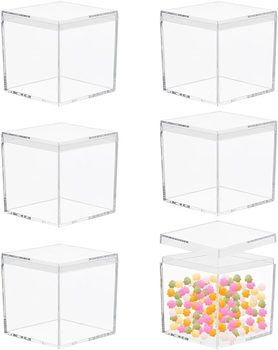 SnelShoppen - 6 Stuks Transparante Acryl Display Dozen met Deksel – Kleine Opslagdozen 5 x 5 cm – Transparante Vierkante Cube Display Cases voor Acces