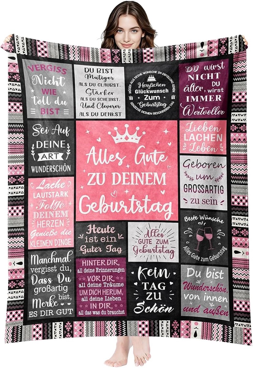 Verjaardagsdeken 150 x 130 cm - zacht pluche - Happy Birthday - perfect cadeau voor vriendin, dochter, moeder - ShopVlot