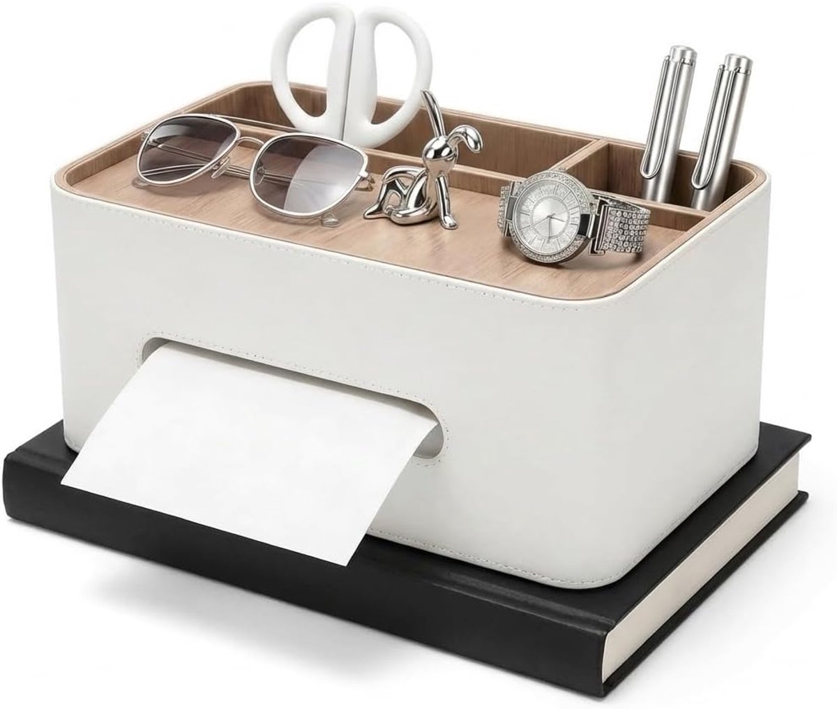 SnelShoppen - Tissue Box Dispenser 21,5 x 17 x 12 cm, Multifunctionele Tissue Dispenser met Compartiment en Houten Tray, Elegante Leren Organiser in W