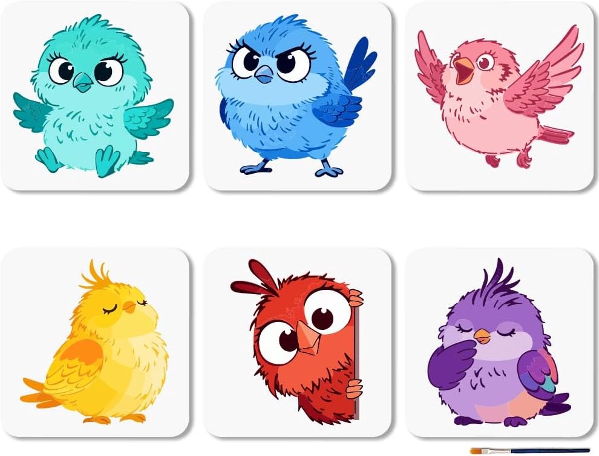 SnelShoppen - 6 Stuks Herbruikbare Vogelsjablonen - Schattige Cartoon Dierensjablonen voor Schilderen - 20x20 cm - Inclusief Kwastenset voor Muur, Meu
