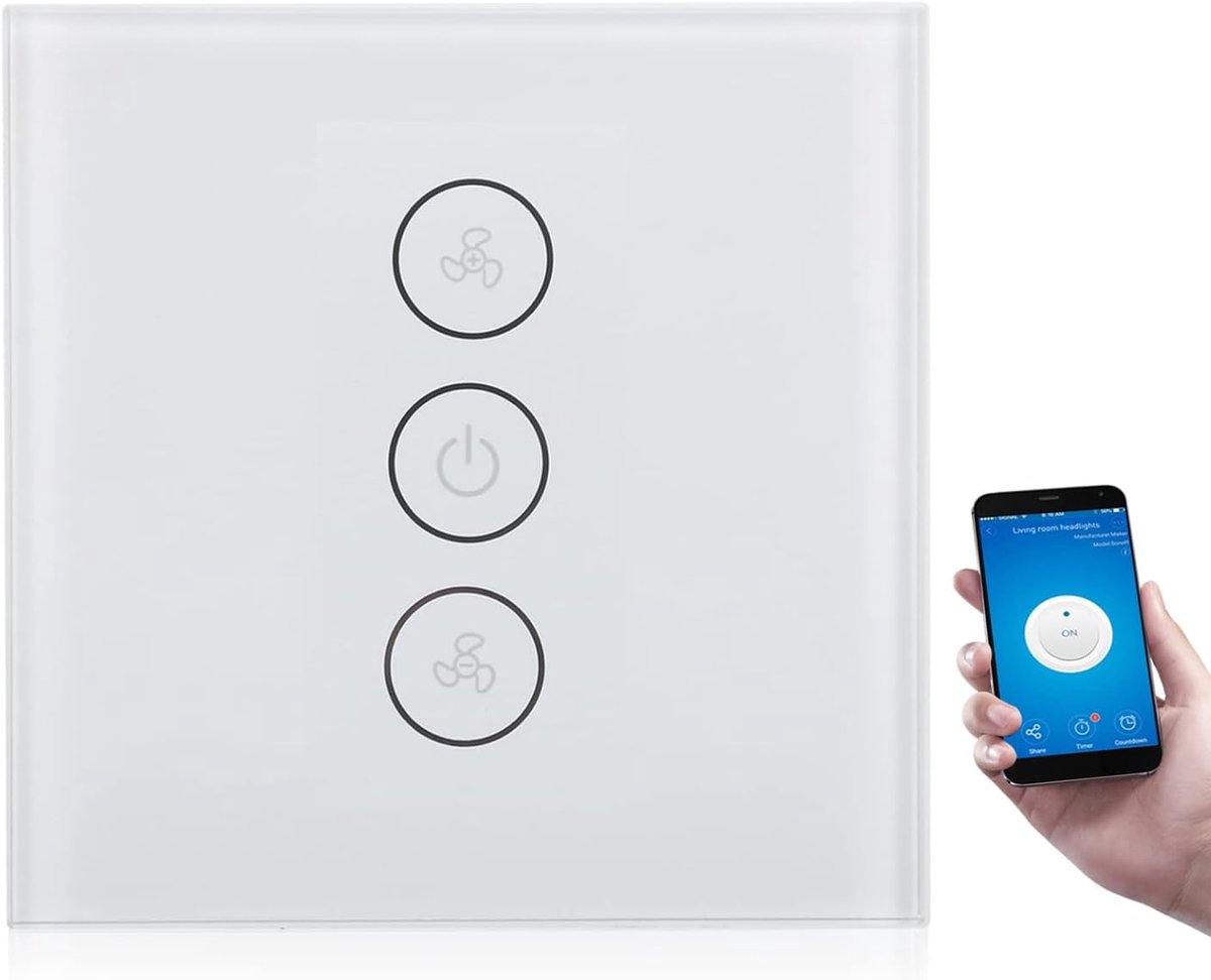 SnelShoppen - Smart Fan Switch WiFi Lichtschakelaar met Stemcontrole - Slimme Touch Schakelaar van Tempered Glass - Afstandsbediening voor Huishoudeli