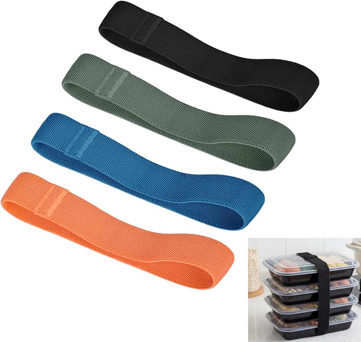 SnelShoppen - 4 elastische banden voor Lunchbox/Bento Box (oranje, blauw, groen, zwart) - praktische bevestigingsbanden voor school, kantoor en uitjes