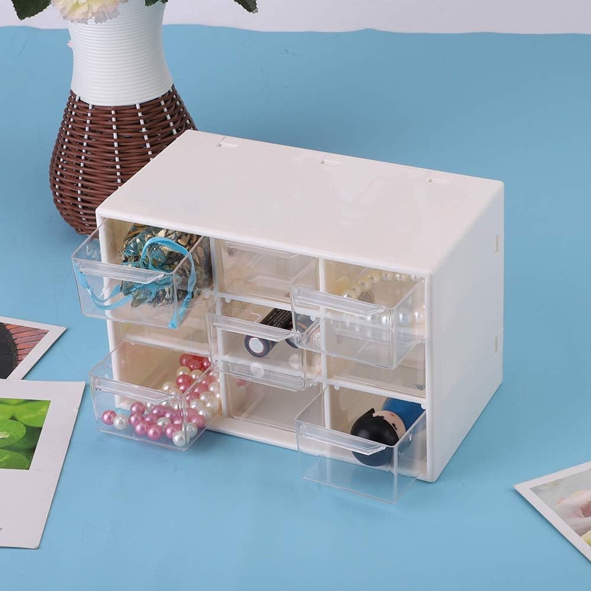 SnelShoppen - 9 Lade Desktop Opbergdoos - Plastic Mini Kasten met 9 Vakken - Doorzichtig - Sieraden en Cosmetica Organizer - Wit
