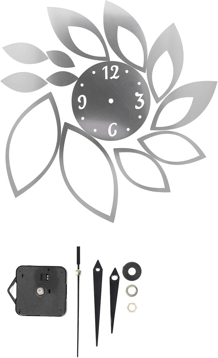 SnelShoppen - 3D DIY Wandklok, Moderne Lotus-S Spiegel Sticker Klok voor Thuis Keuken Woonkamer Achtergrond Wanddecoratie (Zilver)