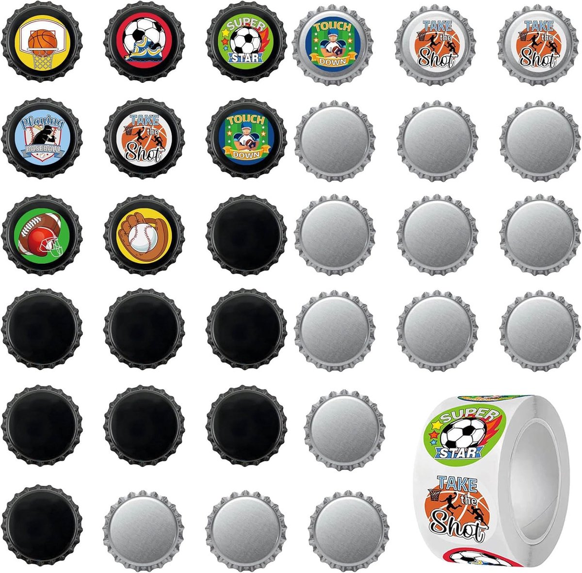 SnelShoppen - 32 Stuks Kroonkurken Bierflessendoppen met Voetbalstickers - Blik Flessendoppen voor Glazen en Bierflessen - Doe-Het-Zelf Set voor Feest