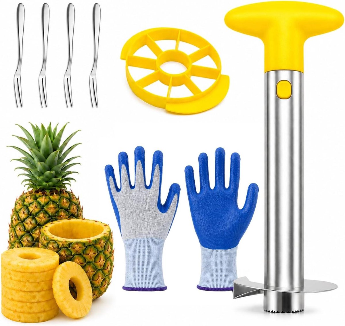 Ananassnijder Set - Ananasboor Ontpitter - Fruit Bereiden - 3-in-1 Roestvrij Staal - 7-delig - Geel