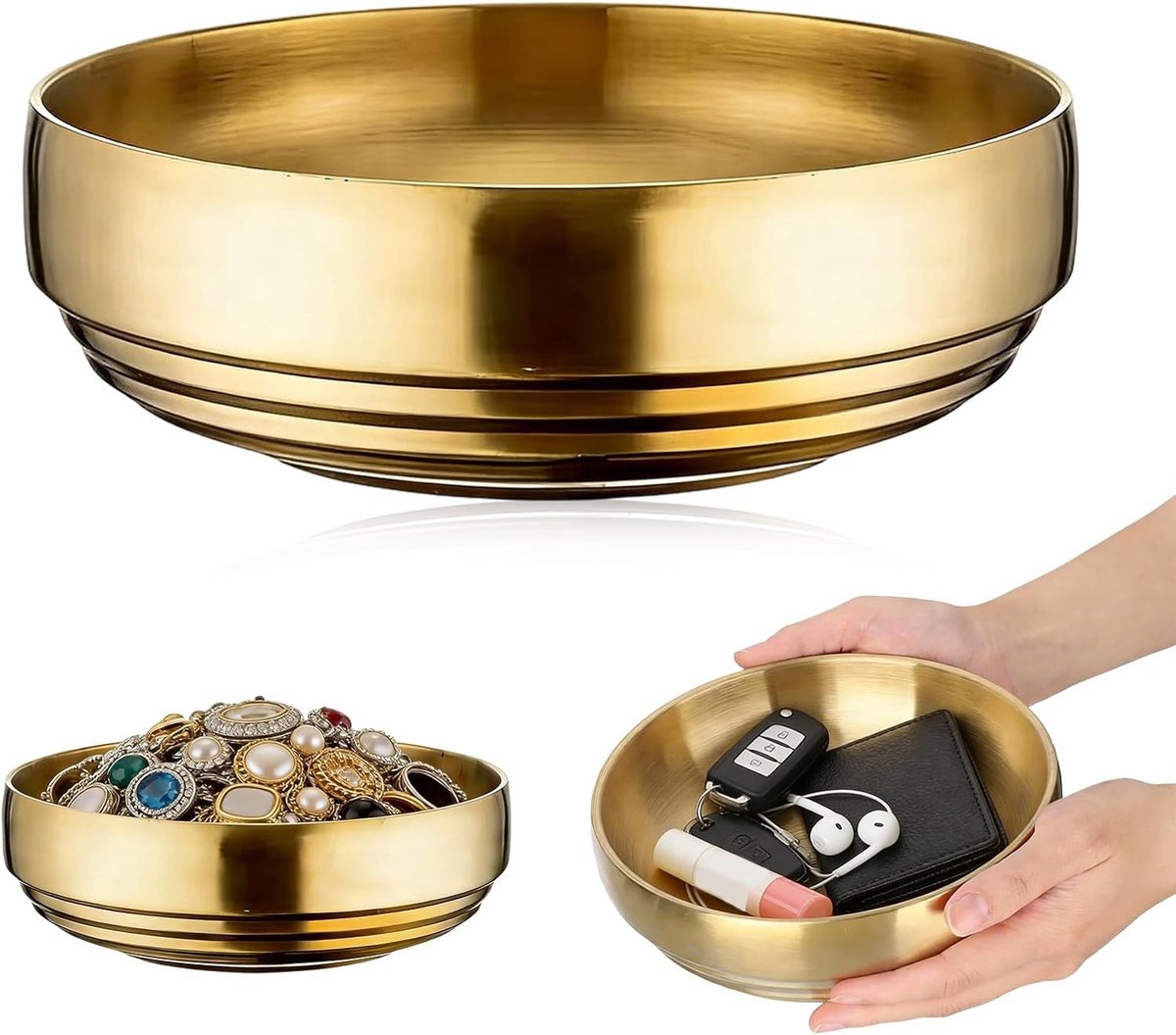 Gouden Decoratieve Schaal van RVS, Geborsteld en Gepolijst, Moderne Sleutelhanger voor Entree, Sieradenopberger, Thuisdecoratie, Cadeau (19cm)