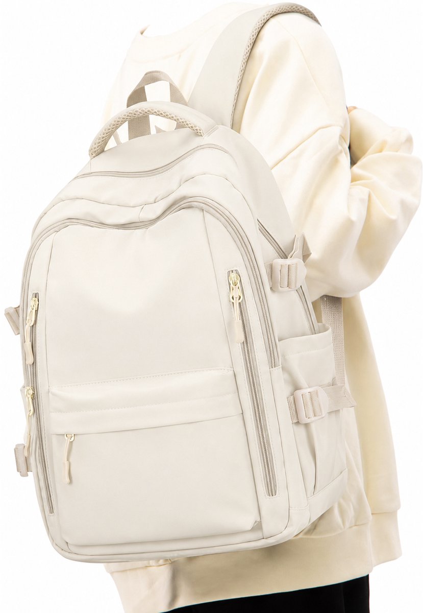 Rugzak - Schoolrugzak - Waterdichte Laptoprugzak 14 inch - Veelzijdige Dagelijkse Rugzak voor Jongens, Meisjes, Dames en Heren - Beige