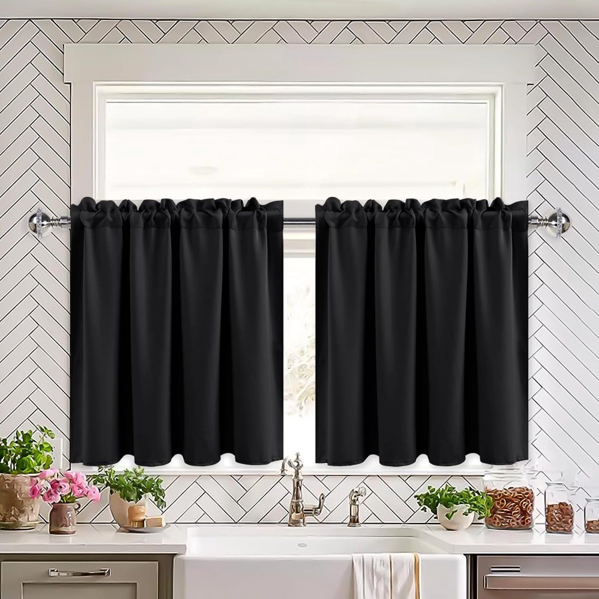 SnelShoppen - Zwarte Blackout Gordijnen voor Woonkamer Keuken Korte Gordijnen voor Kleine Vensters 26" x 24" per Paneel, Set van 2, Geluidsdemping, Li