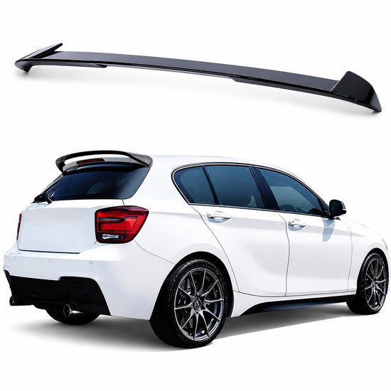 Zwarte glanzende dakspoiler boven een witte BMW F20/F21.