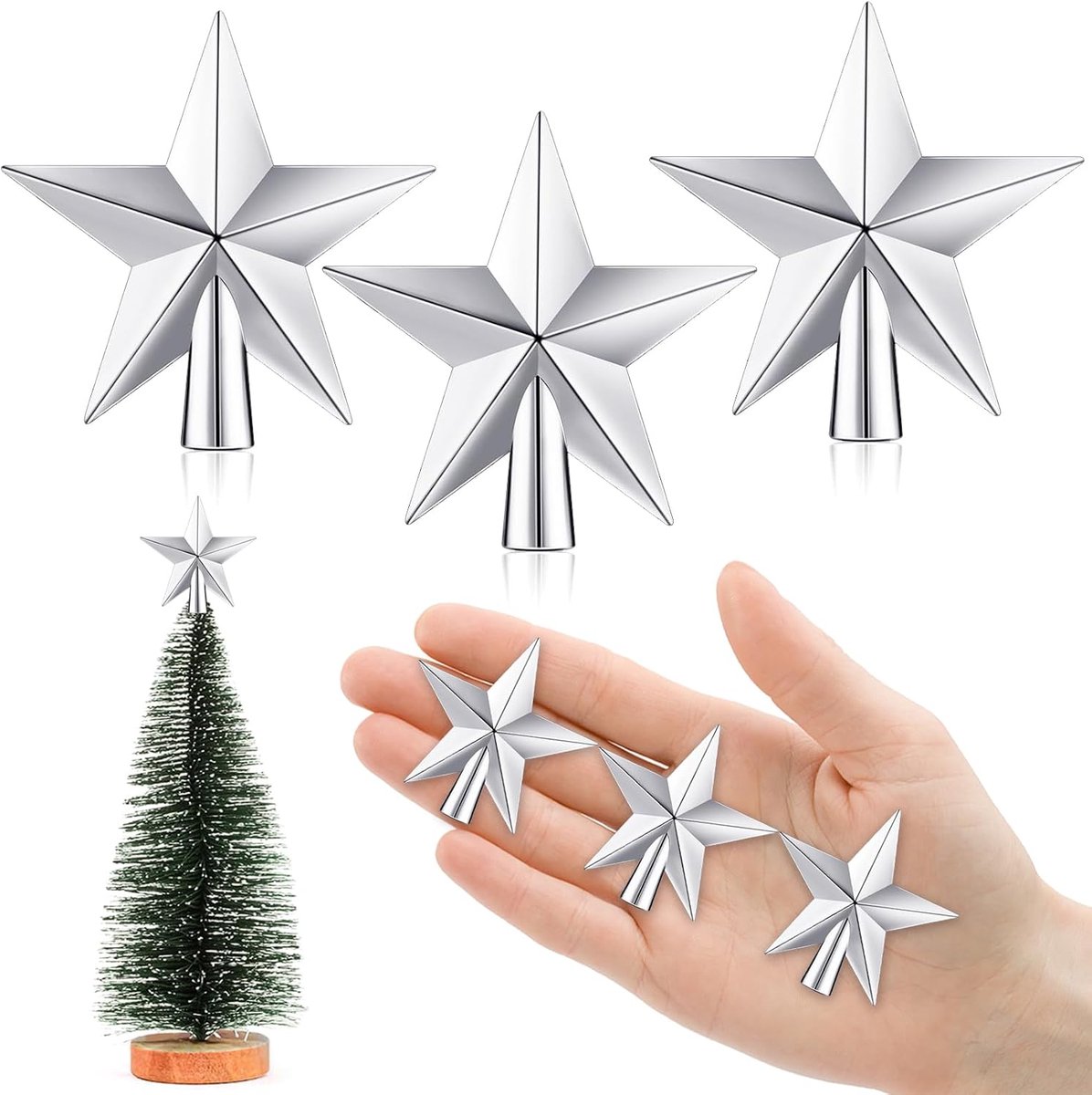 6 cm ster voor kerstboom, mini-kerstboompiek, mini-sterren voor de decoratie van de kleine kerstboom (6 cm, glans: zilver)
