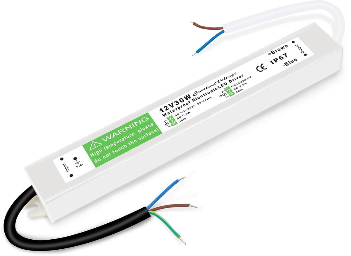 SnelShoppen - LED transformer 12V 30W, 230V naar 12V omvormer, LED driver voeding 2.5A, flikkervrije en geluidsloze transformator, IP67 waterdichte vo
