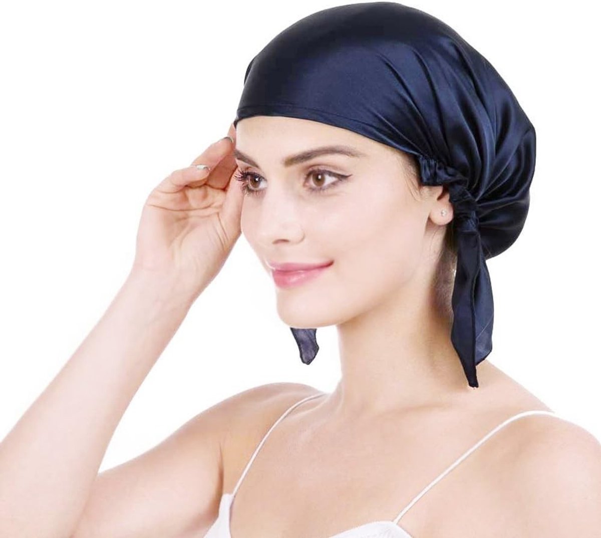 SnelShoppen - 100% Zijde Slaapcap voor Vrouwen, Ademend Nachtmutsje, Navy Blauw, One Size, Voorkomt Haarverlies, Zacht en Comfortabel