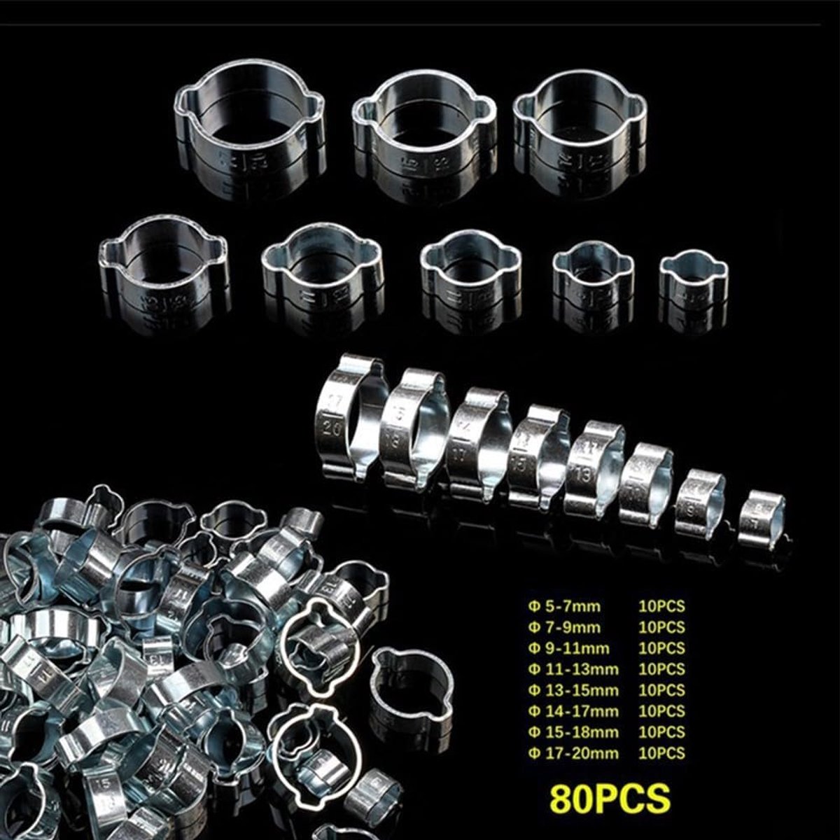 SnelShoppen - 80PCS RVS Dubbel-O-Ring Slangklemmen, Slangklemmen voor Lucht, Benzine en Brandstofslangen met Opbergtas