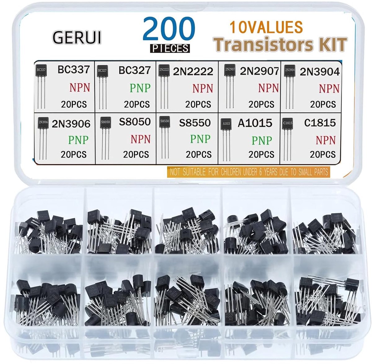 SnelShoppen - Transistor Assortiment Kit 200 Stuks PNP NPN Transistors BC377 BC327 2N2222 2N2907 2N3904 2N3906 S8050 S8550 A1015 C18150 TO-92