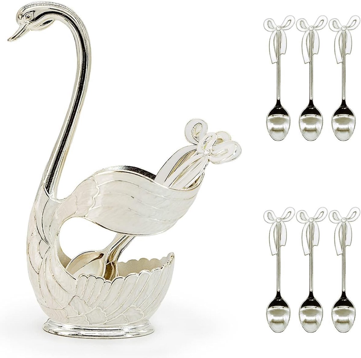 SnelShoppen - 6-Delige Koffielepel Set met Decoratieve Zwanenhouder, Roestvrijstalen Lepels voor Koffie, Desserts, IJs en Taart (Zilver Wit)