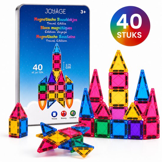 Reisset met 40 magnetische bouwblokjes in de kleuren blauw, groen, geel en roze. Blokjes vormen een raket en een kasteel. De verpakking toont ook een raket. 40 STUKS.