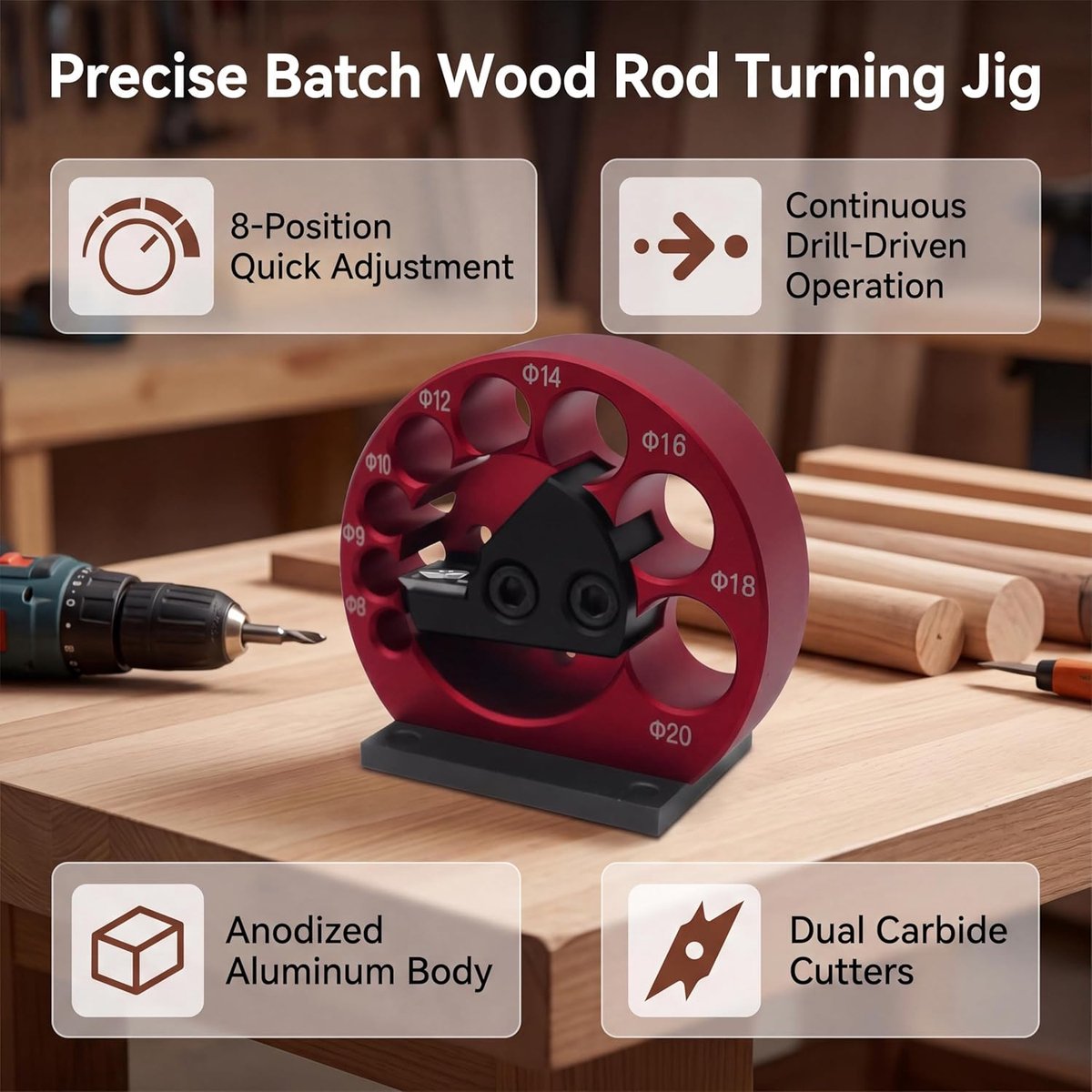 SnelShoppen - Plug Maker Set, Dowel Cutter, 8 Gaten, Verstelbaar Boogsnijgereedschap, Houten Stang Booggereedschappen, Precieze Plug Maker Set voor Ho