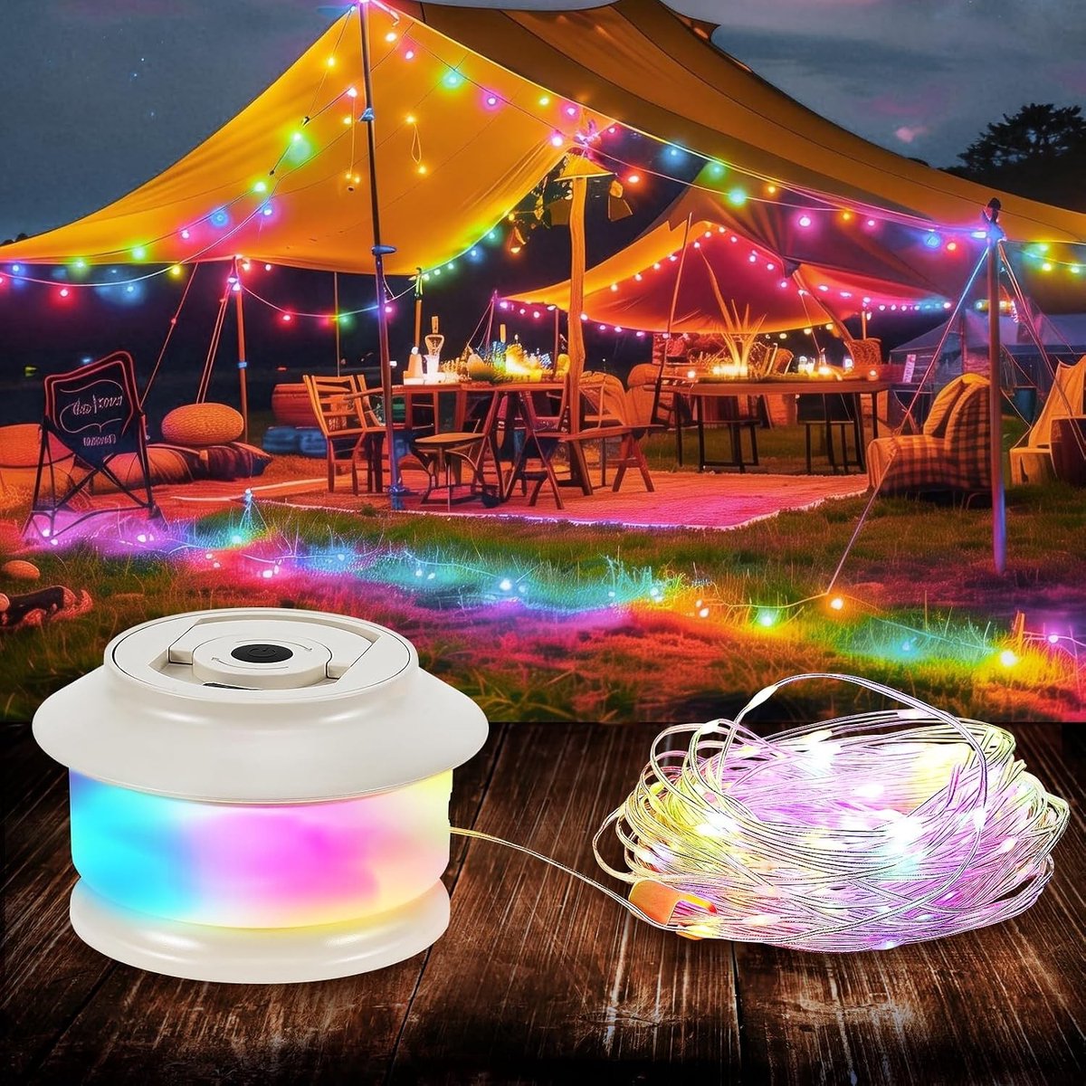 Lichtketting voor Camping - Multicolor - 20 m - Oprolbaar en Waterdicht - Voor Buiten en Binnen