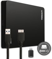 Zwarte VisiQuality externe harde schijf van 500 GB met USB 3.0 en USB-C kabels.
