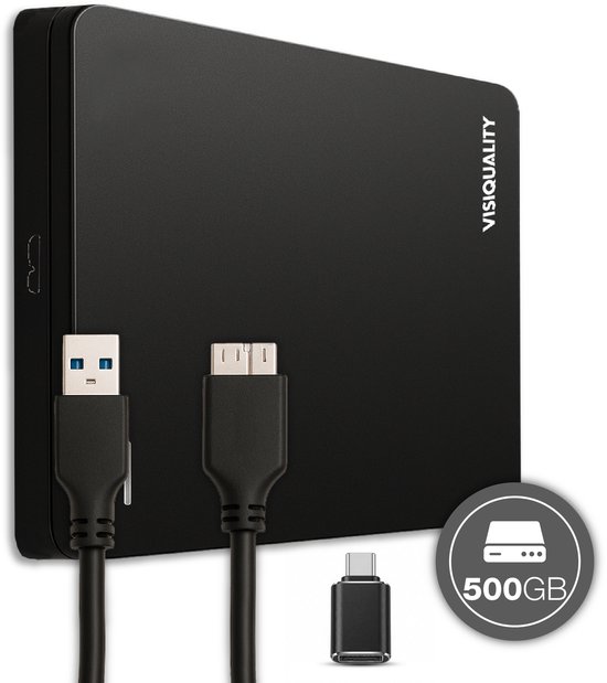 Zwarte VisiQuality externe harde schijf van 500 GB met USB 3.0 en USB-C kabels.