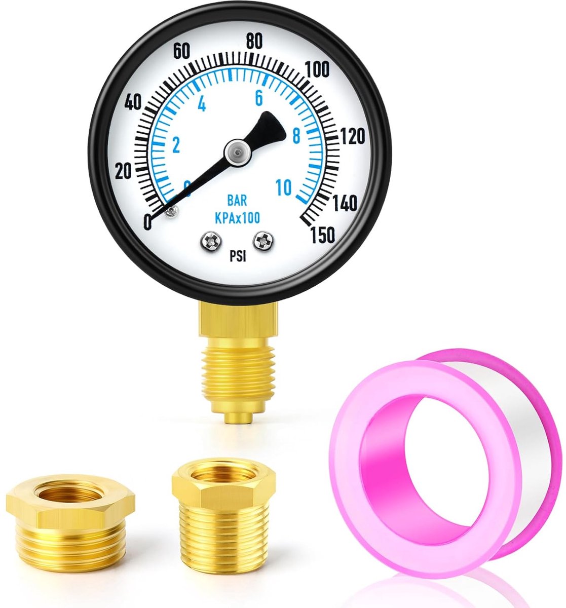 0-10 bar/0-150 psi pressure gauge for water pumps, 2" dial 1/4" BSP, with 2 pcs brass hex bushings 3/8" to 1/4" and - ShopVlot