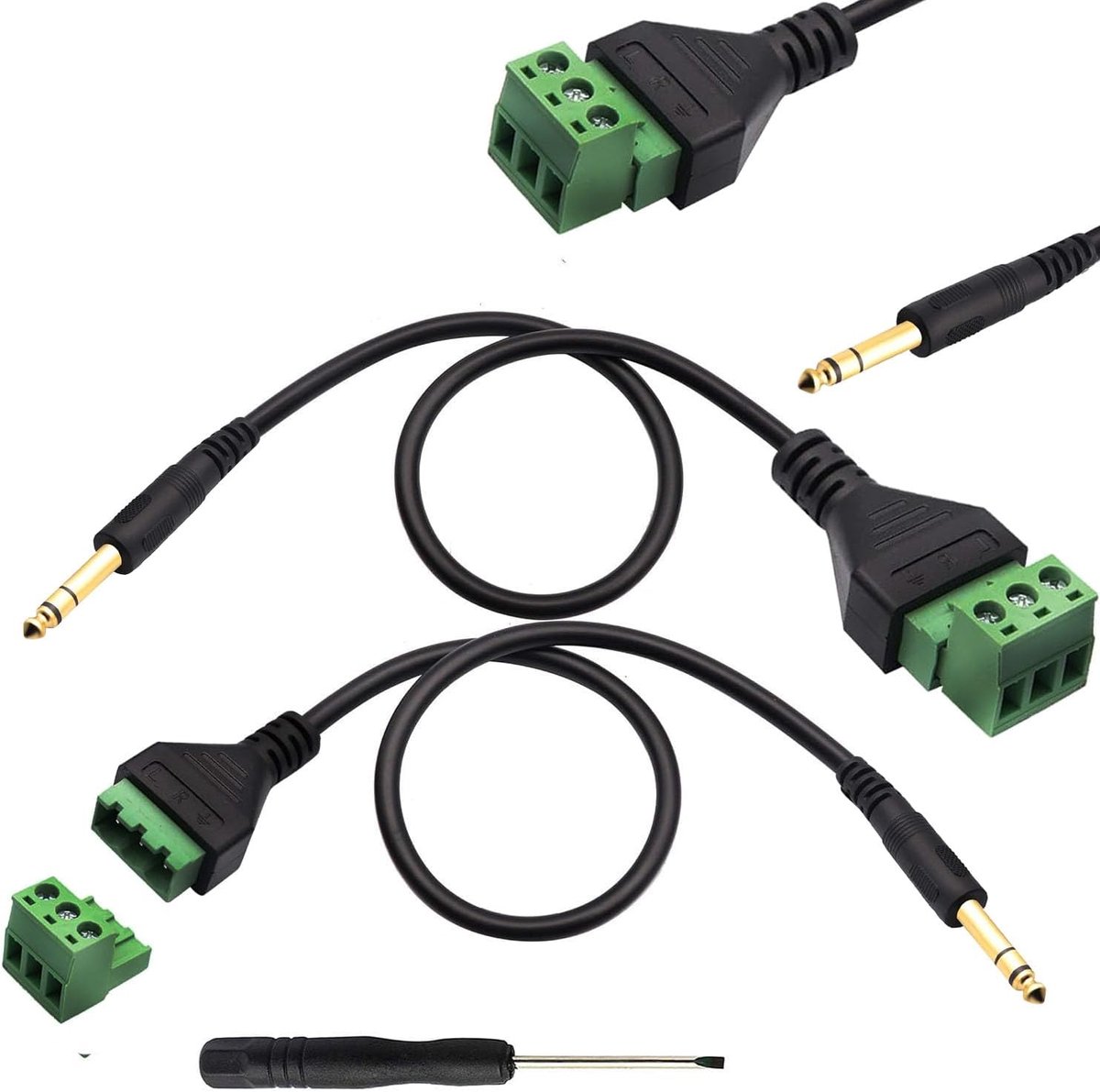 SnelShoppen - 2 Stuks 6.35mm TRS Schroefterminal Aansluitkabel Stereo Audioplug naar 3-Pin Schroefterminal Socket, Microfoon, Balun, Solderloze Conver