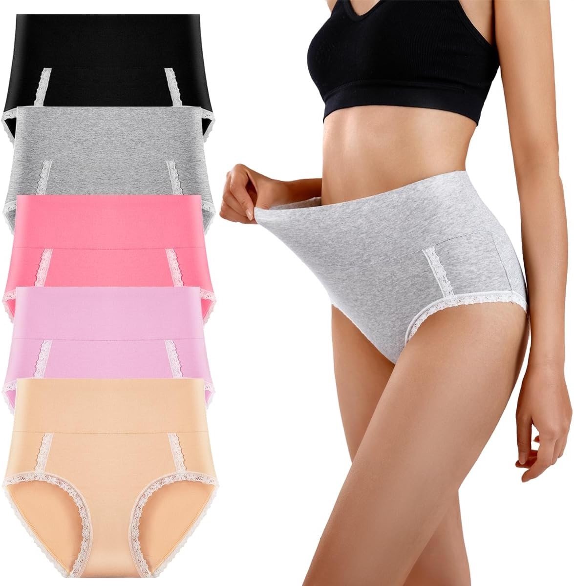 Hoge taille kanten onderbroek voor dames van katoen, stretch en zachte stof - 5-pack met volledige bedekking en buikcontrole
