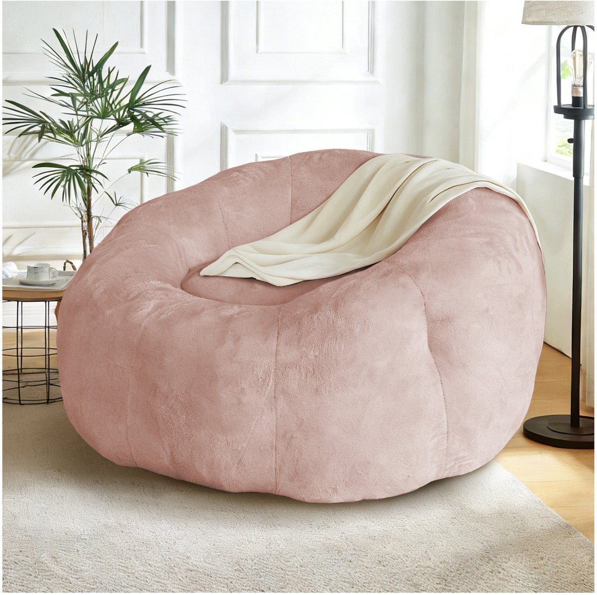 FloraGrace Zitzak – Ronde Loungestoel Met Rugleuning – Grote Maat Voor Ontspannen In Woonkamer Of Slaapkamer – Flanel – Roze