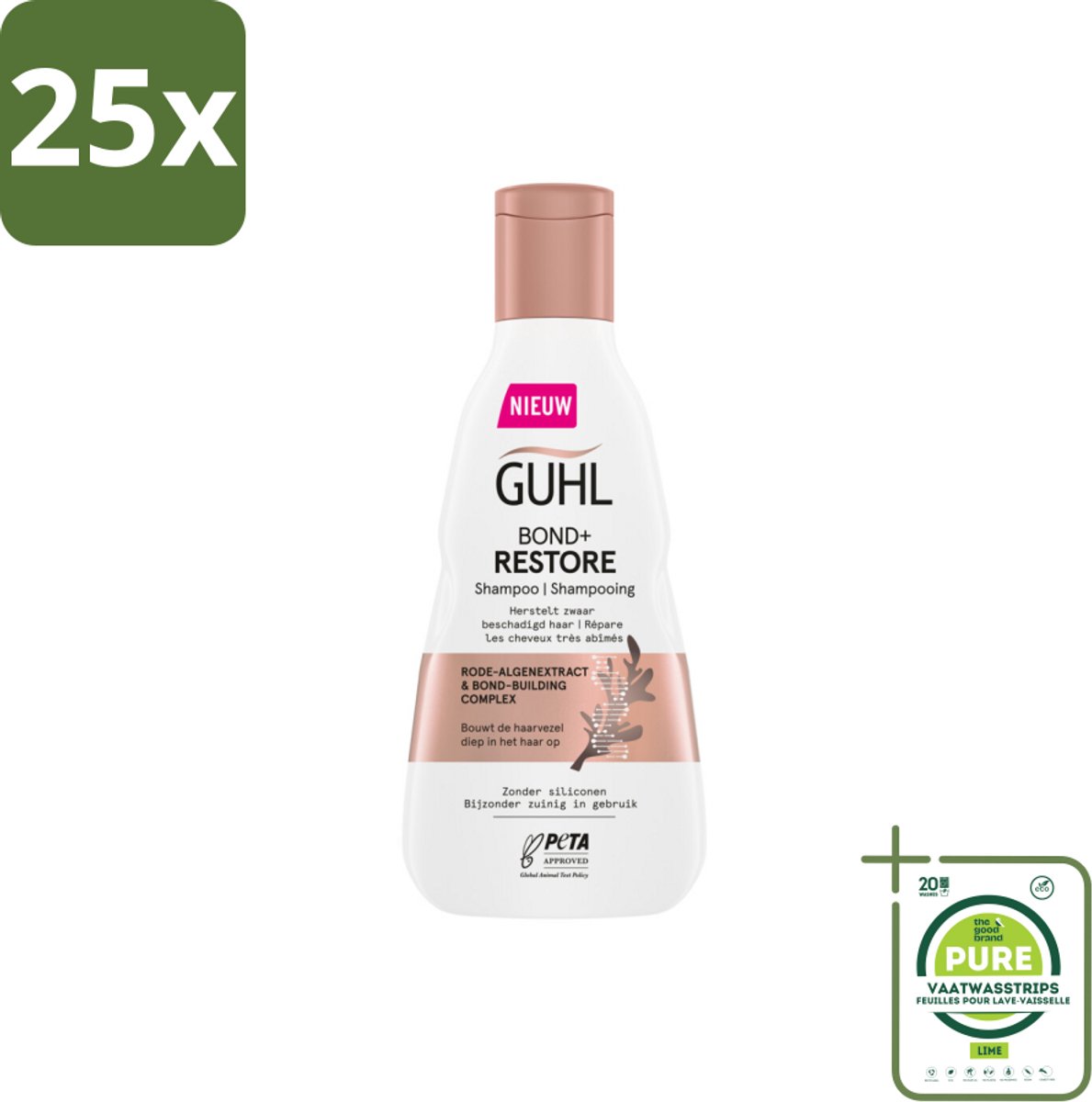 25 x Guhl - Shampoo - Bond+ Restore - 250 ml - Grootverpakking - Herstellende Shampoo - Beschadigd Haar - Haarversterking - Rode Algen Extract - Bond-building Complex