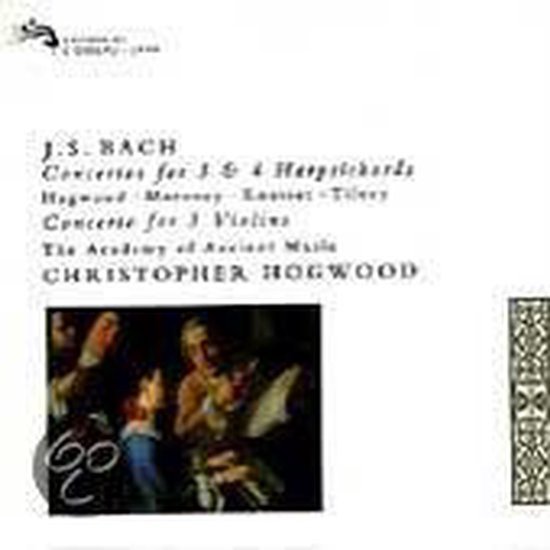 CD-hoes met tekst: J.S. Bach, Concertos voor 3 & 4 klavecimbels. Bevat een afbeelding van schilderij.