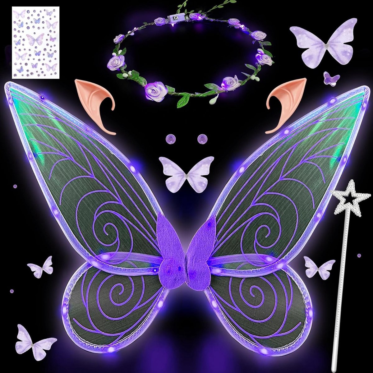 Verlichte Vlinder Vleugels met Elf Oren, LED Hoofdband en Ster Stokjes voor Carnaval of Feestjes met Sprookjes Thema