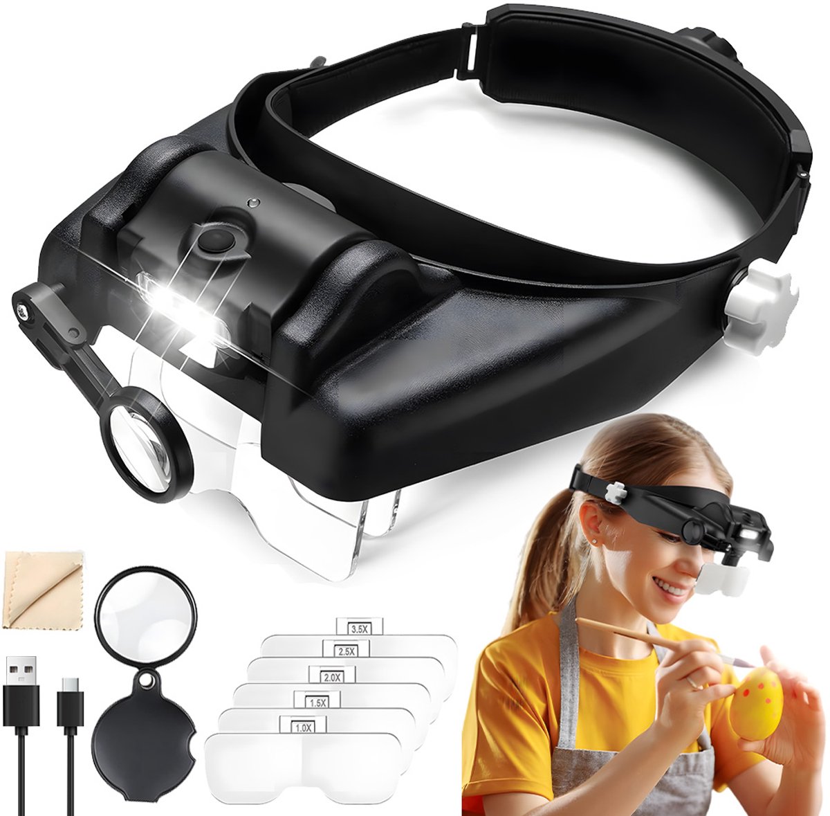 Loep Bril met 5 Lenzen - Loeplamp Hoofdband - Hoofdloep met 3 LED - Verstelbaar & Draagbaar - Oplaadbaar - Voor Lezen & Hobby & Precisie - Horloge Reparatie - Zwart