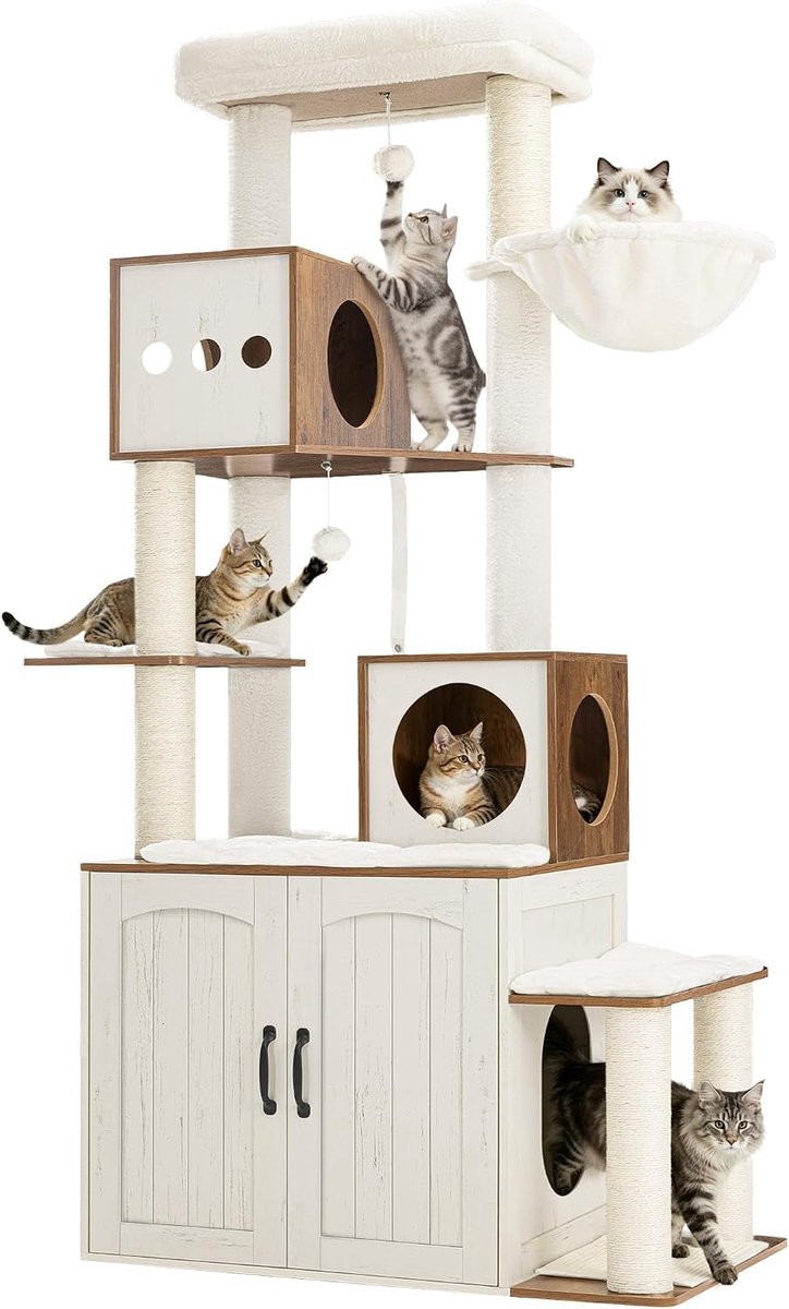 Hzuaneri Krabpaal met kattenbak, 190 cm, wit en bruin, sisalpalen, springplatform, 2 holen, mandjes, rustplatform, wasbaar kussen, 2-in-1 krabpaal
