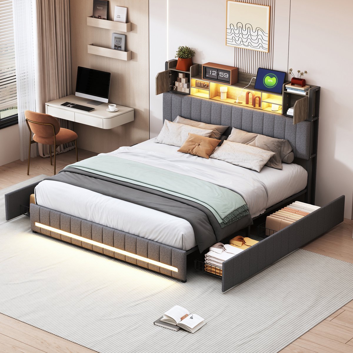 Tweepersoonsbed 140x190 cm, bed met opbergruimte en led hoofd- en voeteneinde, linnen bed met 4 lades, usb type-c, grijs, zonder matras