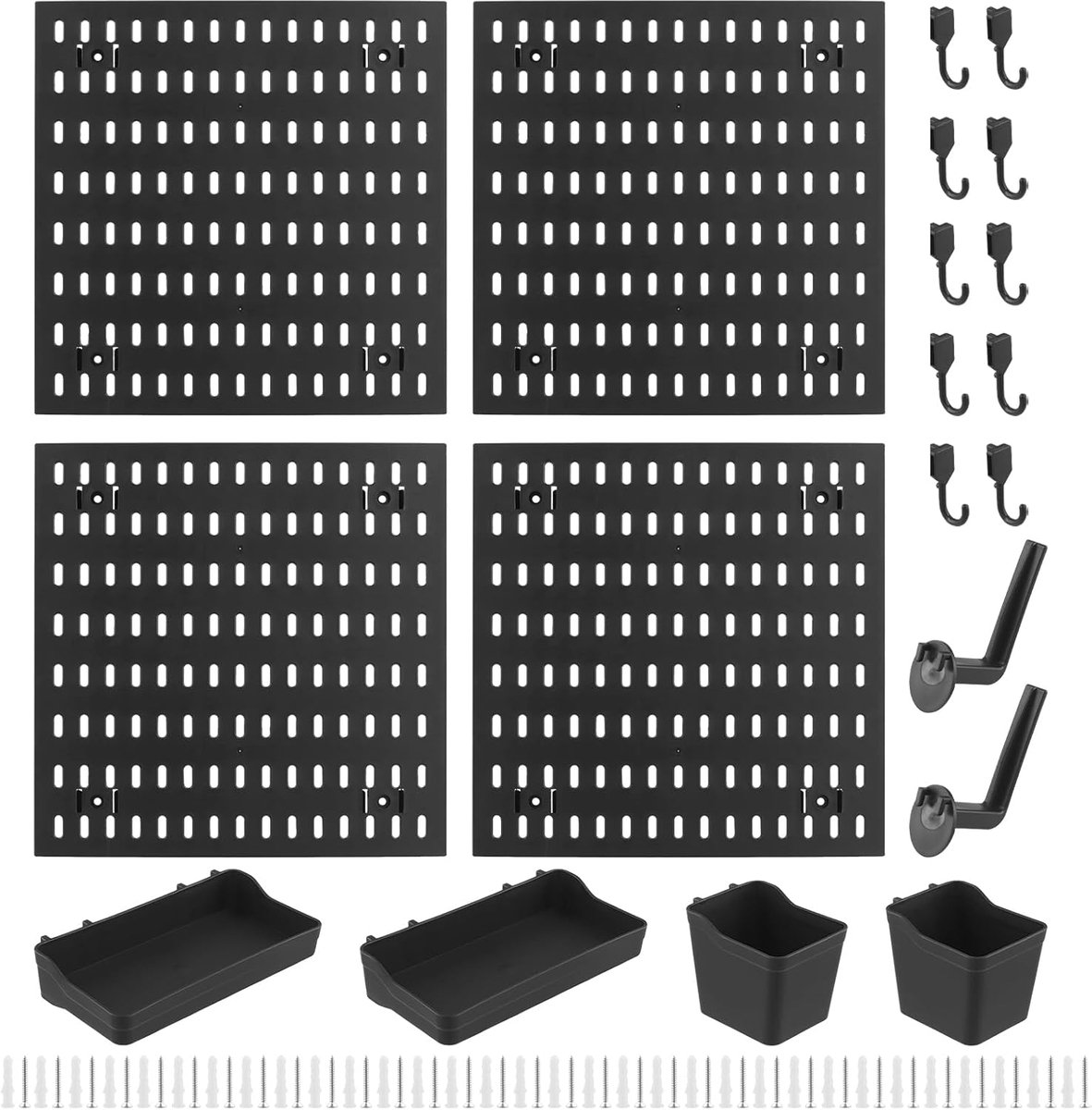 SnelShoppen - Wand Pegboards Organiser Set 4 stuks 30x30 cm met 18 accessoires, Zwart Gereedschap Pegboard voor Muur Organizer, Decoratie Weergave