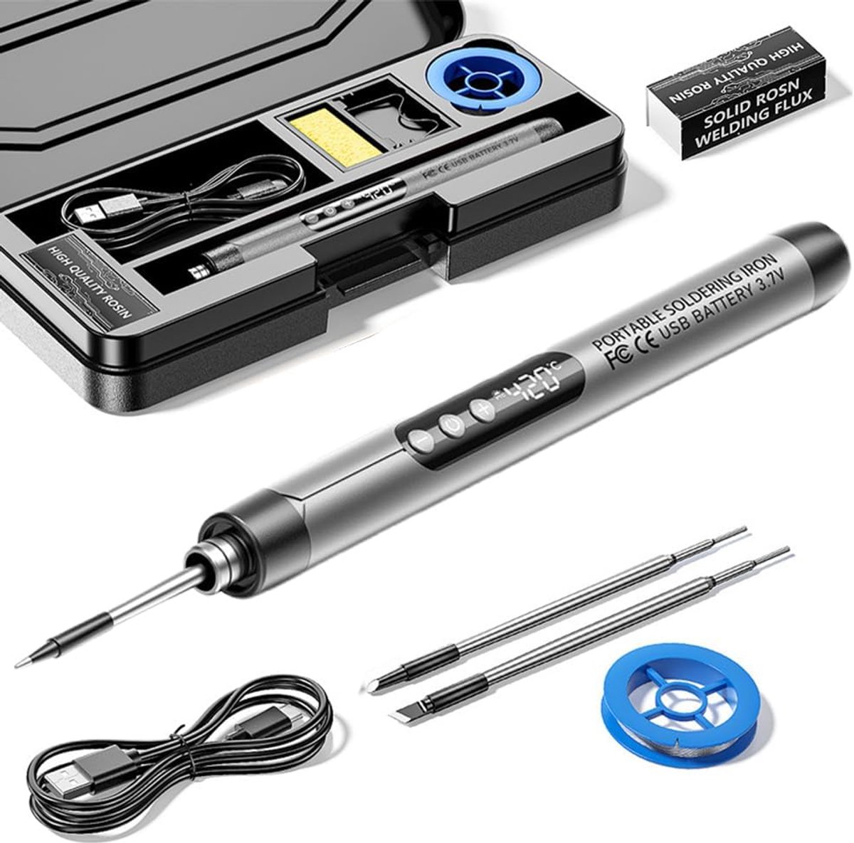 SnelShoppen - Draadloze Loodsoldeerbout Set, USB Oplaadbaar met LCD Display, Temperature Instelbaar 260°C-420°C, 3 Soldeertips, Soldeerdraad, Soldeerp