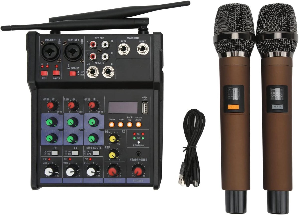 SnelShoppen - 4 Kanaals Stereo Mixer met DSP Digitale Effecten, Draadloze Microfoons, USB MP3 Speler, Ideaal voor Karaoke, Live Streaming en Conferent