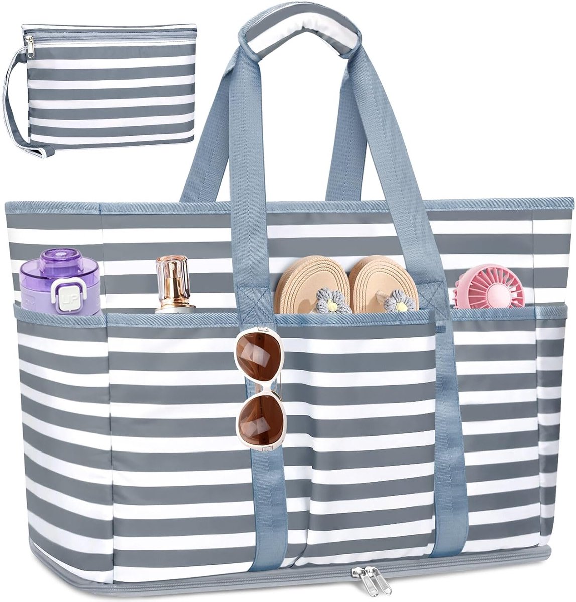 SnelShoppen - Grote Strandtas XXL Lichtgewicht Mesh Tas Schoudertas Waterdicht Zandvrij Met Rits Meerdere Vakken Nylon Picknick Vakantie Winkelen Werk