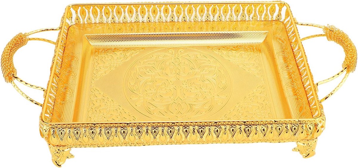 SnelShoppen - Turkse Metalen Dienblad met Handvatten, Decoratief Goud Rechthoekig Dienblad voor Thee Koffie Sets Keuken Antiek Bruiloft Eten Kom 51 x